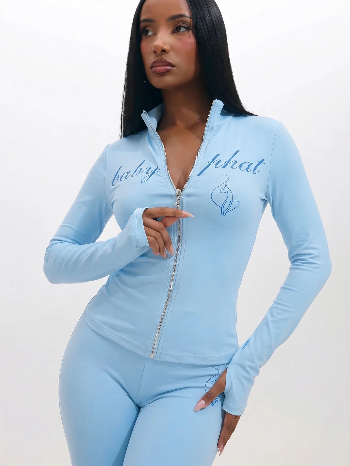 BABYPHAT Plus Size Zip Through Top With Mock Neck, Long Sleeves, Script Logo And Cat Print Fall