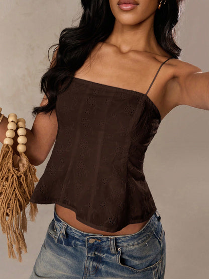 BAE Dark Brown,Summer,Boho,Vacation Linen Blend Embroidered 3D Floral Camisole Cropped Top,Casual Beach Holiday Summer Top For Women