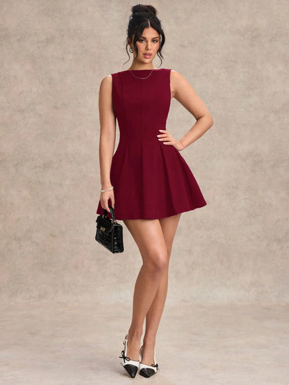 BAE Elegant Burgundy Autumn Mini Dress For Women, Minimalist A-Line Bodycon Day Party Outfit,Solid Date Night Bridesmaid Dress,Business Casual Style