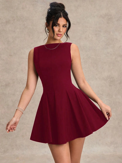 BAE Elegant Burgundy Autumn Mini Dress For Women, Minimalist A-Line Bodycon Day Party Outfit,Solid Date Night Bridesmaid Dress,Business Casual Style