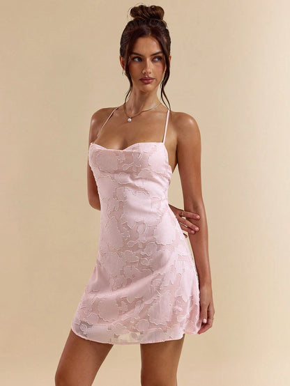 BAE Pink Seductive Date Night Backless Dress For Women,Summer Ruffled Off-Shoulder Lace Trim A-Line Mini Dress,Pastel Vacation Outfits,Valentine's Day