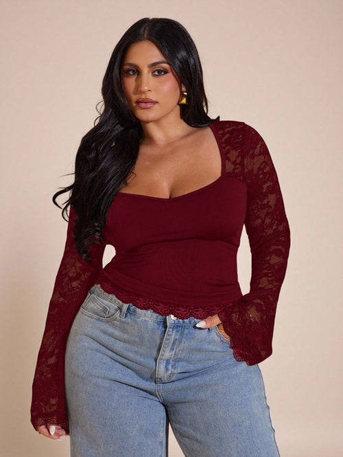 BAE Plus Size Women Lace Patchwork Long Sleeve Top, Valentine's Day, Valentine For Women Fall