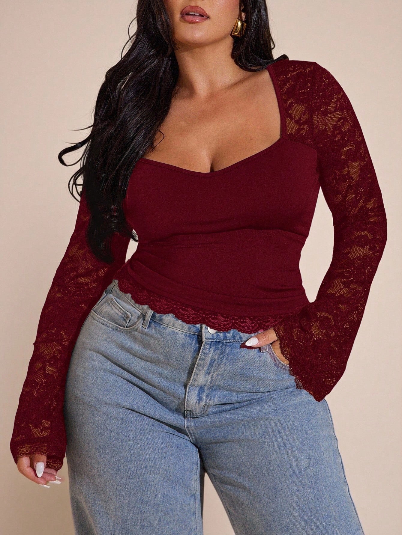 BAE Plus Size Women Lace Patchwork Long Sleeve Top, Valentine's Day, Valentine For Women Fall