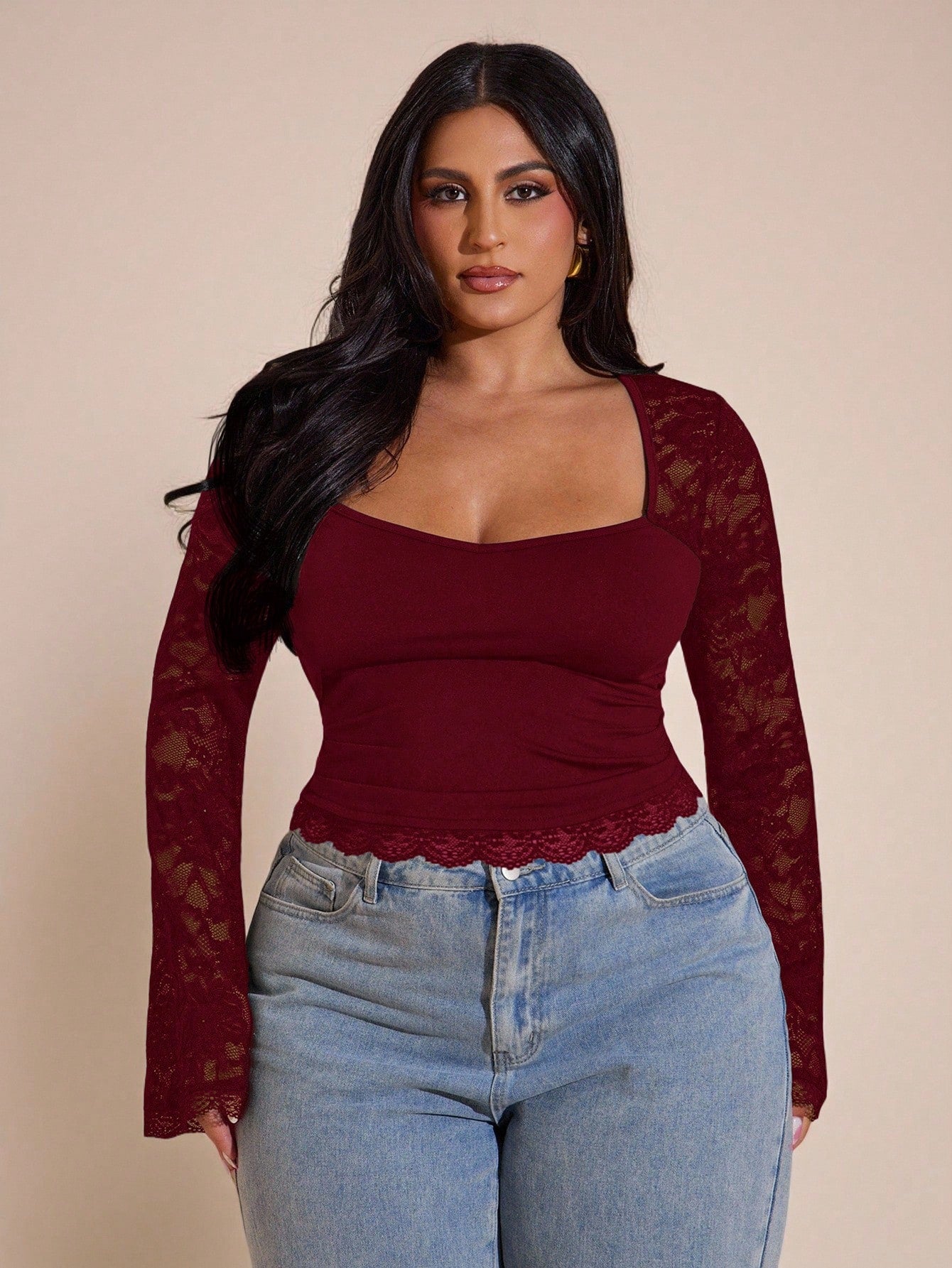 BAE Plus Size Women Lace Patchwork Long Sleeve Top, Valentine's Day, Valentine For Women Fall