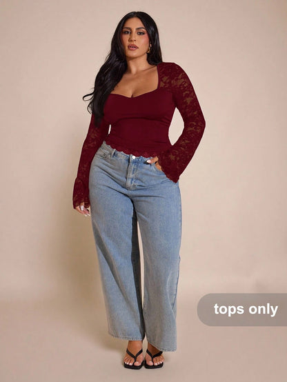 BAE Plus Size Women Lace Patchwork Long Sleeve Top, Valentine's Day, Valentine For Women Fall