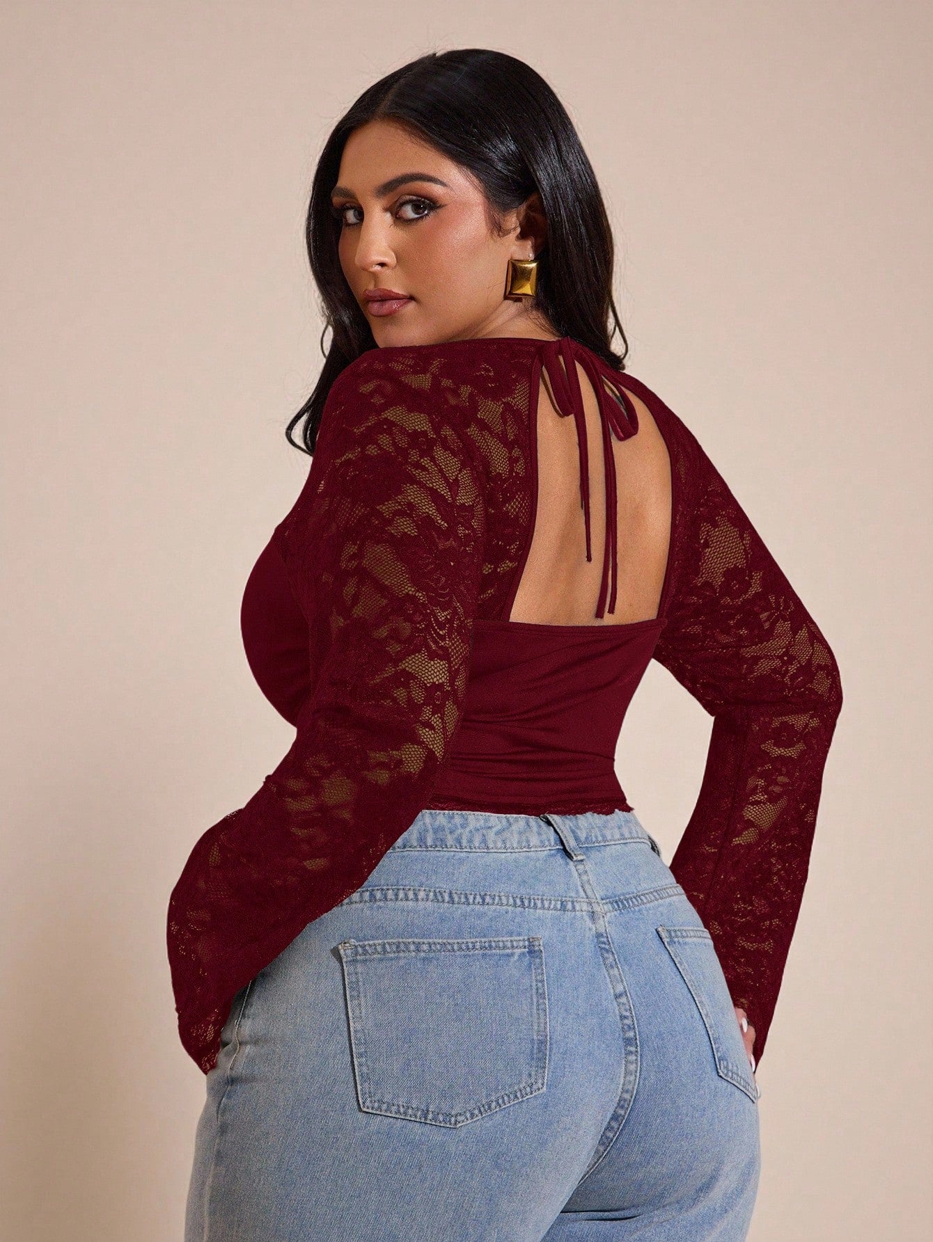 BAE Plus Size Women Lace Patchwork Long Sleeve Top, Valentine's Day, Valentine For Women Fall