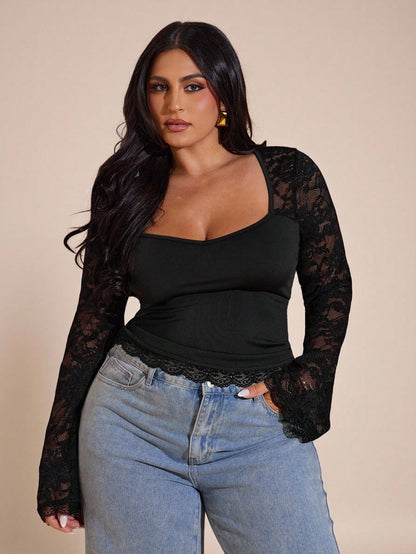 BAE Plus Size Women Lace Patchwork Long Sleeve Top, Valentine's Day, Valentine For Women Fall