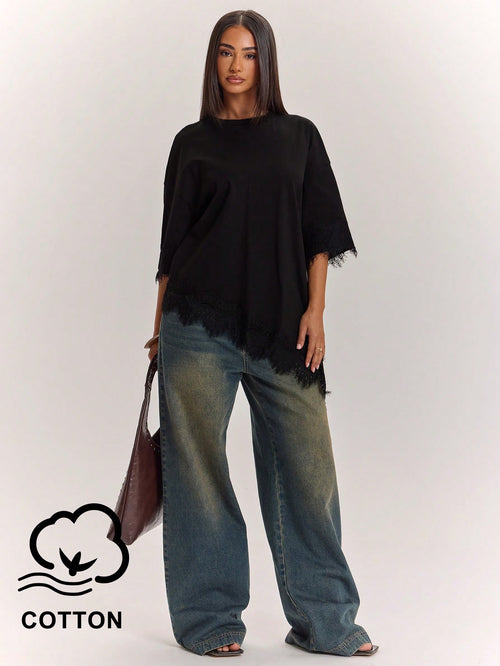BAE Women's 100% Cotton Black Casual Summer T-Shirt,Lace Patchwork Asymmetric Hem Solid Color Top,Everyday Urban Commuting Daytime Social Wear