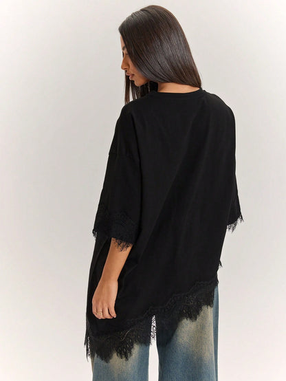BAE Women's 100% Cotton Black Casual Summer T-Shirt,Lace Patchwork Asymmetric Hem Solid Color Top,Everyday Urban Commuting Daytime Social Wear