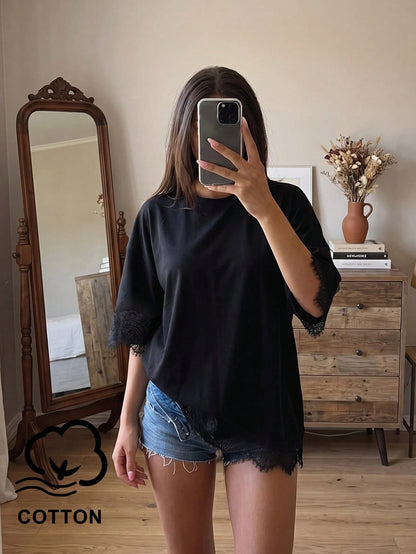 BAE Women's 100% Cotton Black Casual Summer T-Shirt,Lace Patchwork Asymmetric Hem Solid Color Top,Everyday Urban Commuting Daytime Social Wear