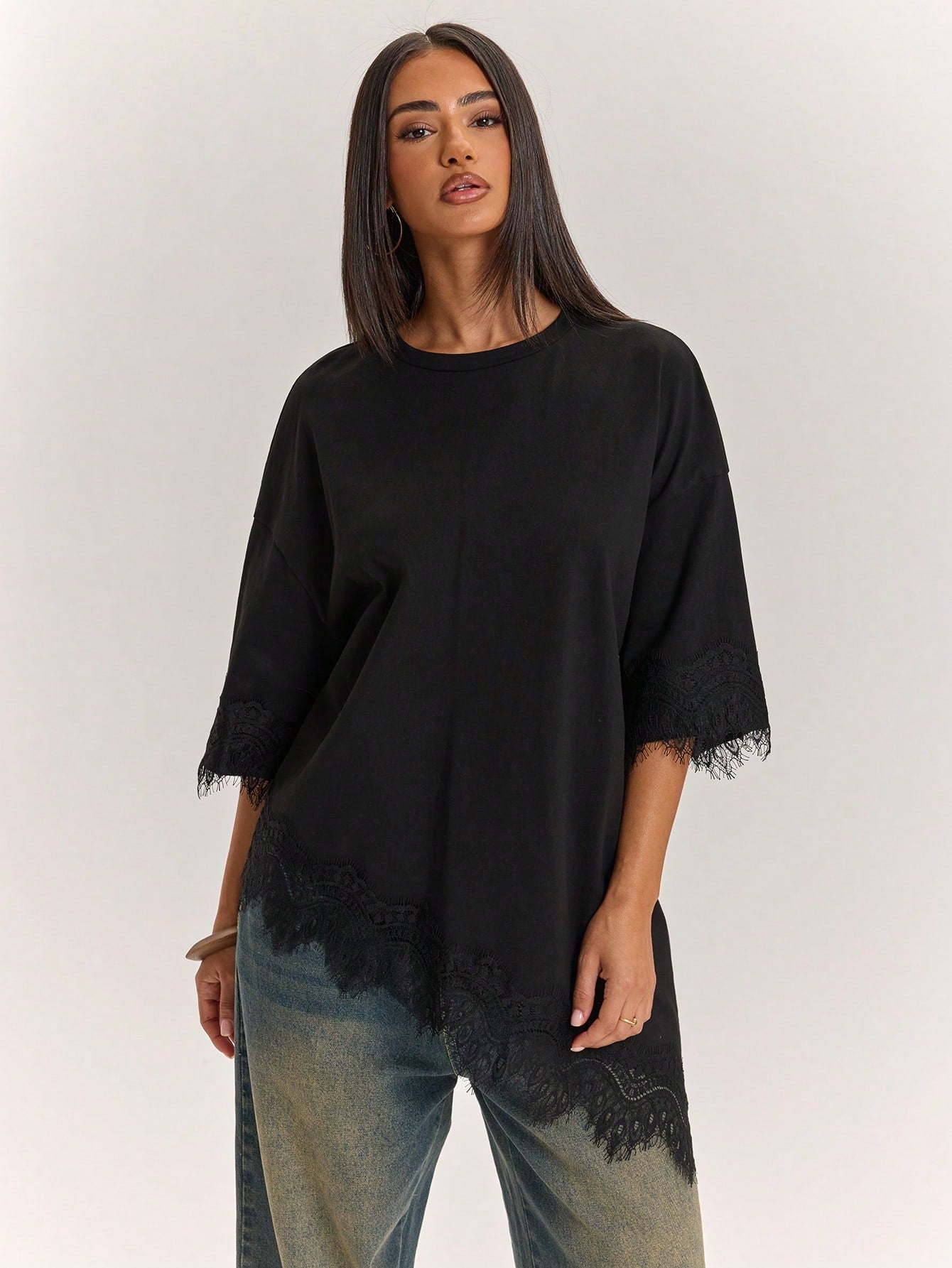 BAE Women's 100% Cotton Black Casual Summer T-Shirt,Lace Patchwork Asymmetric Hem Solid Color Top,Everyday Urban Commuting Daytime Social Wear