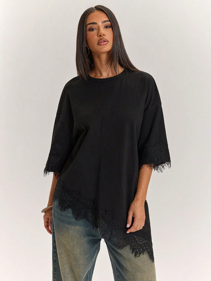 BAE Women's 100% Cotton Black Casual Summer T-Shirt,Lace Patchwork Asymmetric Hem Solid Color Top,Everyday Urban Commuting Daytime Social Wear