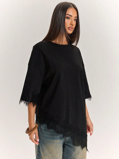 BAE Women's 100% Cotton Black Casual Summer T-Shirt,Lace Patchwork Asymmetric Hem Solid Color Top,Everyday Urban Commuting Daytime Social Wear