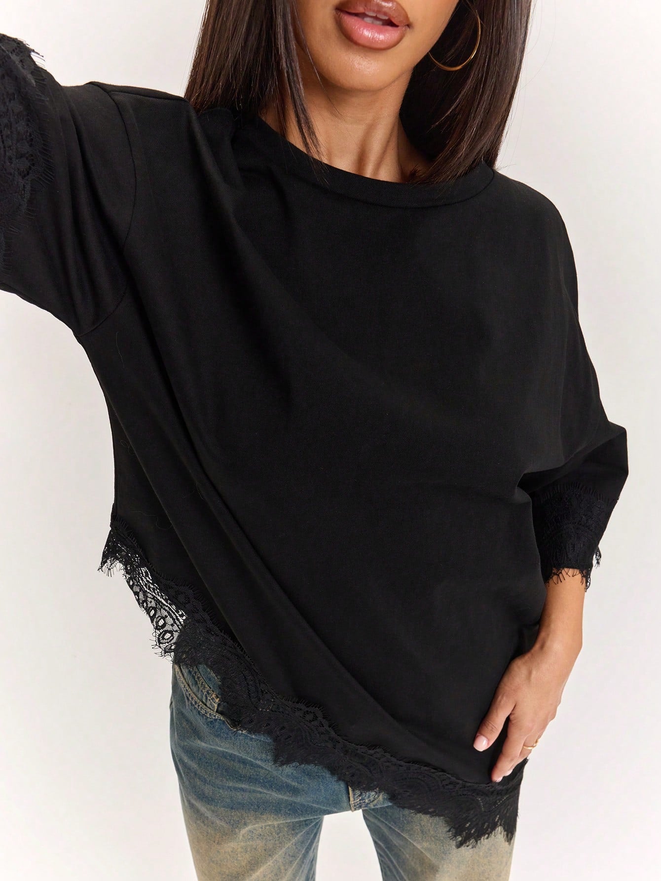BAE Women's 100% Cotton Black Casual Summer T-Shirt,Lace Patchwork Asymmetric Hem Solid Color Top,Everyday Urban Commuting Daytime Social Wear