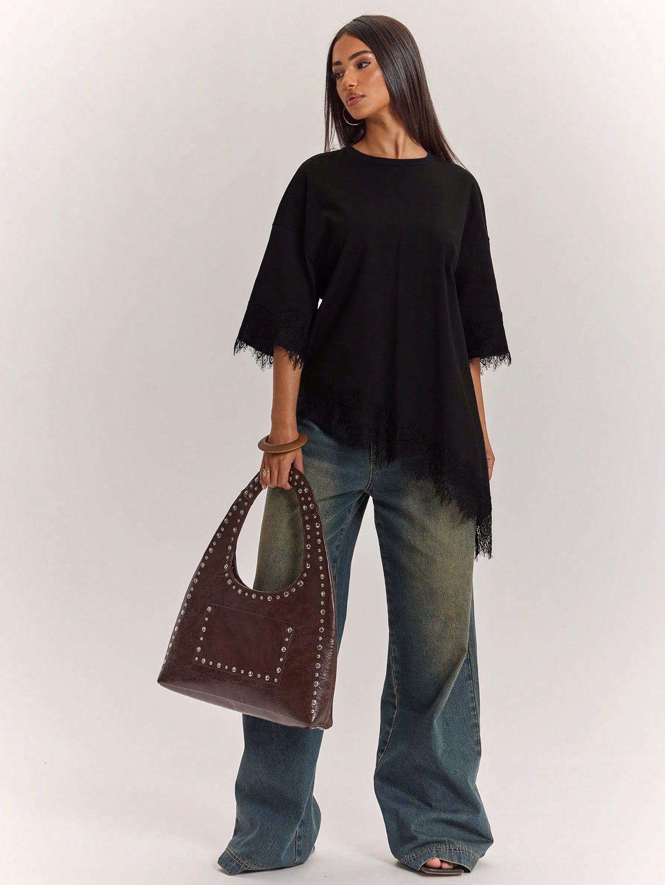 BAE Women's 100% Cotton Black Casual Summer T-Shirt,Lace Patchwork Asymmetric Hem Solid Color Top,Everyday Urban Commuting Daytime Social Wear