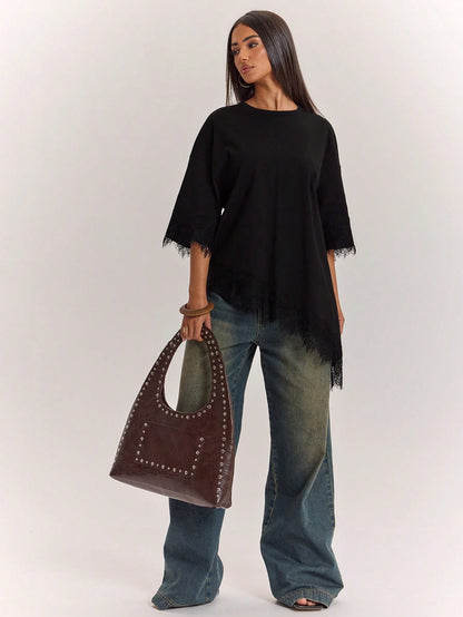 BAE Women's 100% Cotton Black Casual Summer T-Shirt,Lace Patchwork Asymmetric Hem Solid Color Top,Everyday Urban Commuting Daytime Social Wear