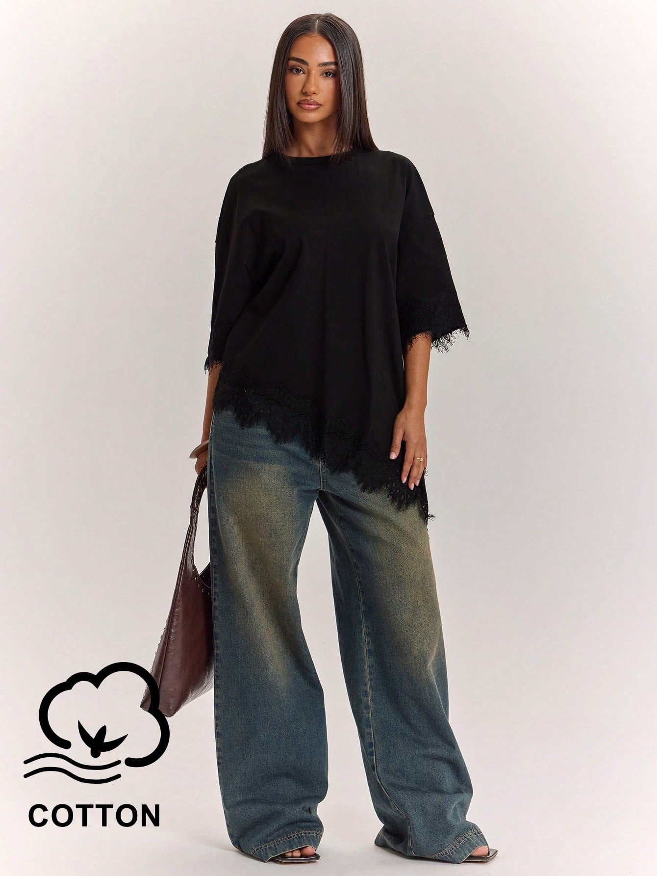 BAE Women's 100% Cotton Black Casual Summer T-Shirt,Lace Patchwork Asymmetric Hem Solid Color Top,Everyday Urban Commuting Daytime Social Wear
