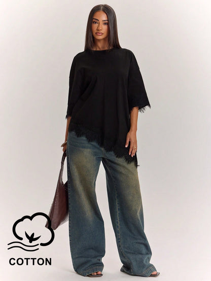 BAE Women's 100% Cotton Black Casual Summer T-Shirt,Lace Patchwork Asymmetric Hem Solid Color Top,Everyday Urban Commuting Daytime Social Wear