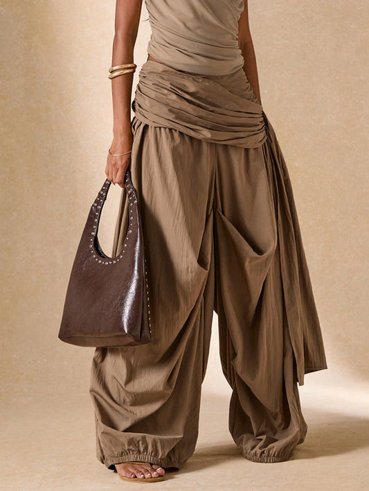 BAE Women's Casual Pleated Loose Pants, Summer Boho Wide Leg Palazzo Pants, Fold Over Satin Holiday Vacation Trousers, Balloon Jogger Beach