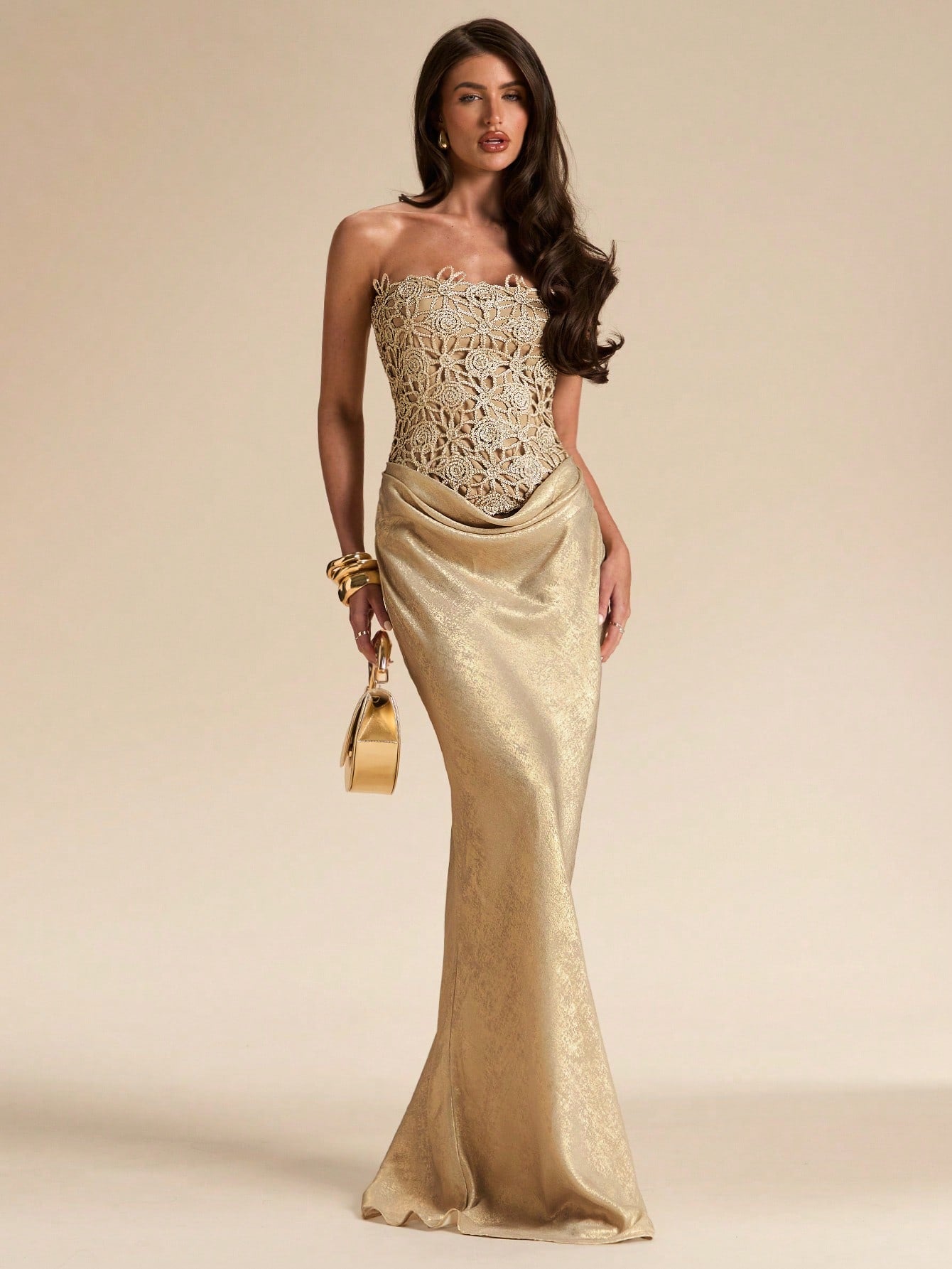 BAE Women's Elegant Gold Summer Dining Floral Hollow Textured Fitted Bustier Bodycon Dress,Wedding Guest Bridesmaid Birthday Party Beach Music Festival