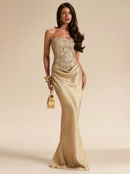 BAE Women's Elegant Gold Summer Dining Floral Hollow Textured Fitted Bustier Bodycon Dress,Wedding Guest Bridesmaid Birthday Party Beach Music Festival