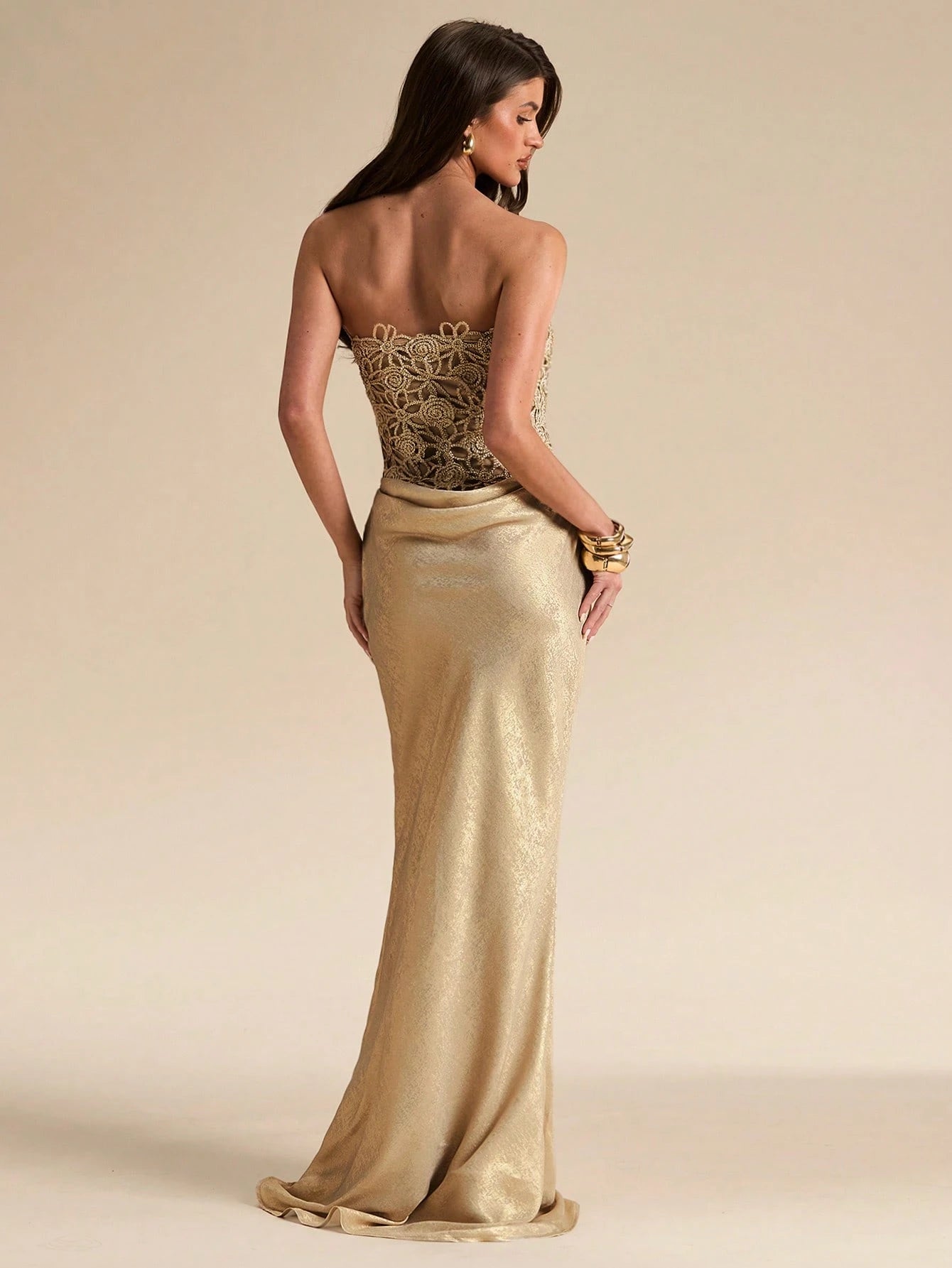 BAE Women's Elegant Gold Summer Dining Floral Hollow Textured Fitted Bustier Bodycon Dress,Wedding Guest Bridesmaid Birthday Party Beach Music Festival
