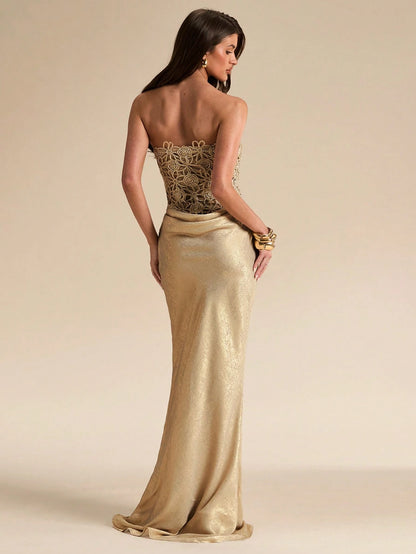 BAE Women's Elegant Gold Summer Dining Floral Hollow Textured Fitted Bustier Bodycon Dress,Wedding Guest Bridesmaid Birthday Party Beach Music Festival