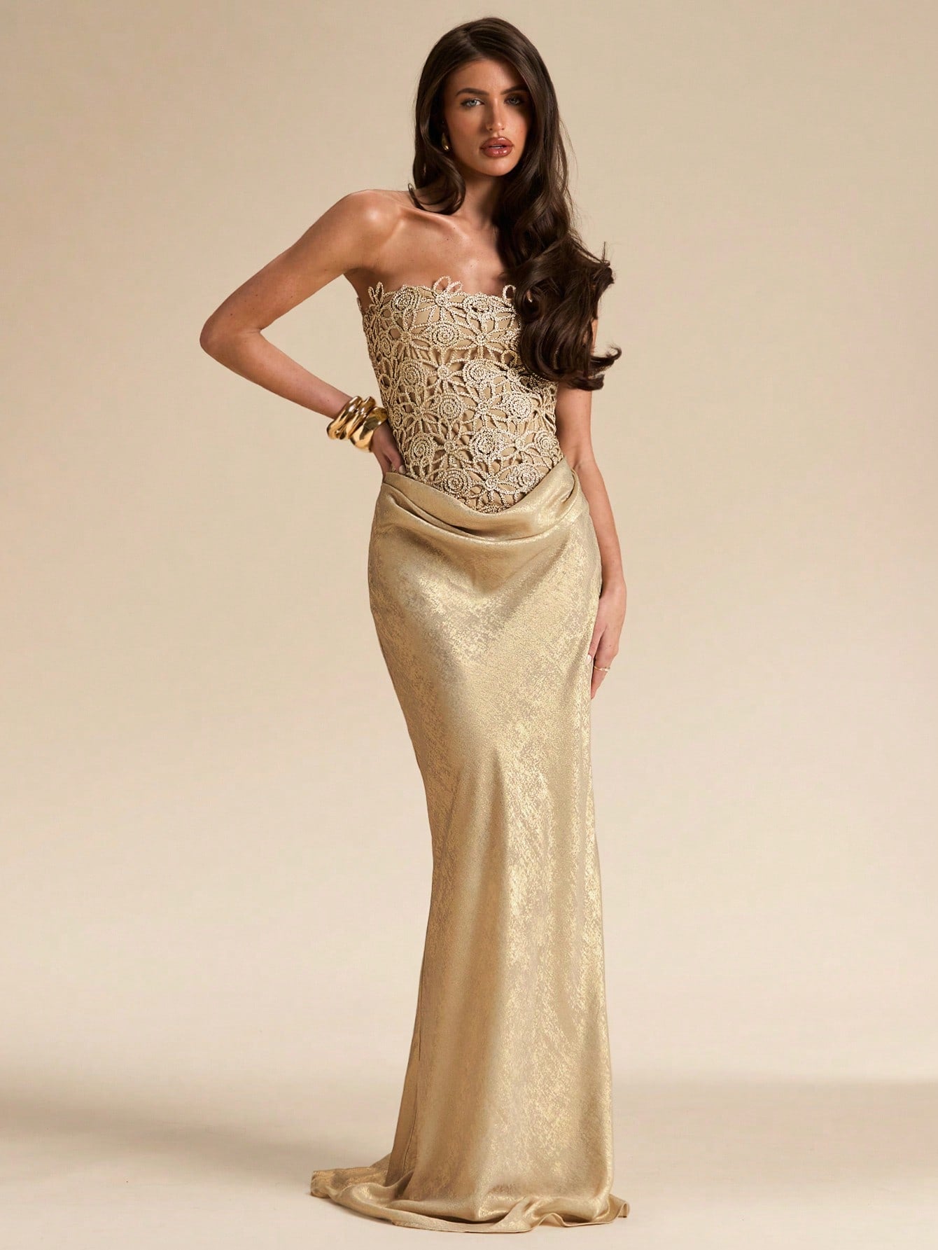 BAE Women's Elegant Gold Summer Dining Floral Hollow Textured Fitted Bustier Bodycon Dress,Wedding Guest Bridesmaid Birthday Party Beach Music Festival