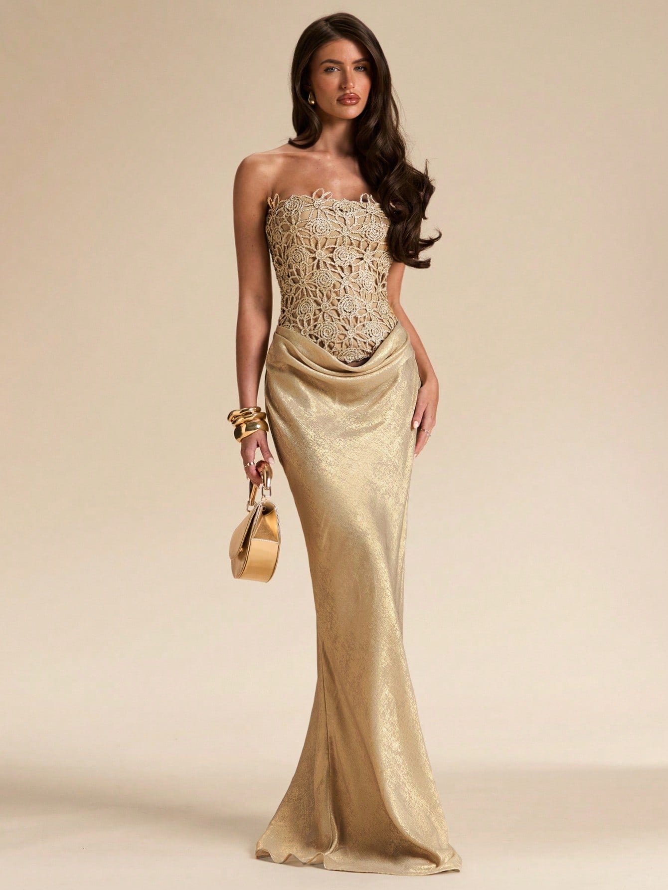 BAE Women's Elegant Gold Summer Dining Floral Hollow Textured Fitted Bustier Bodycon Dress,Wedding Guest Bridesmaid Birthday Party Beach Music Festival