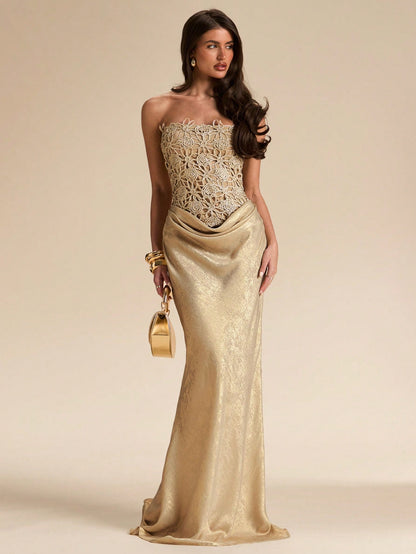 BAE Women's Elegant Gold Summer Dining Floral Hollow Textured Fitted Bustier Bodycon Dress,Wedding Guest Bridesmaid Birthday Party Beach Music Festival