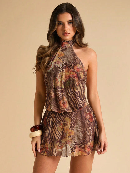 BAE Women's Leopard Tie Dye Print Halter Backless Mini Dress,Summer Dresses For Women
