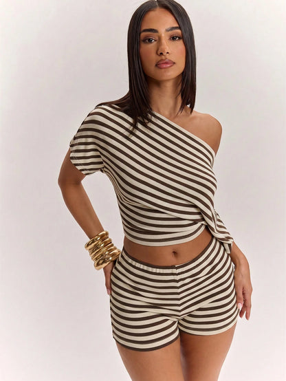 BAE Women's Striped Asymmetric Shoulder Short Sleeve Top And Low Waist Shorts Set, Spring/Summer Striped Two Pieces Set, Summer Two Pieces Set, Casual Two Pieces Set, Comfortable Two Pieces Set