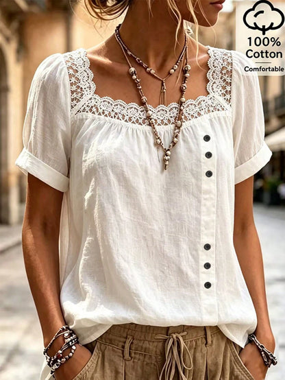 Balvessa White Square Neck Lace Patchwork Women's Casual Shirt