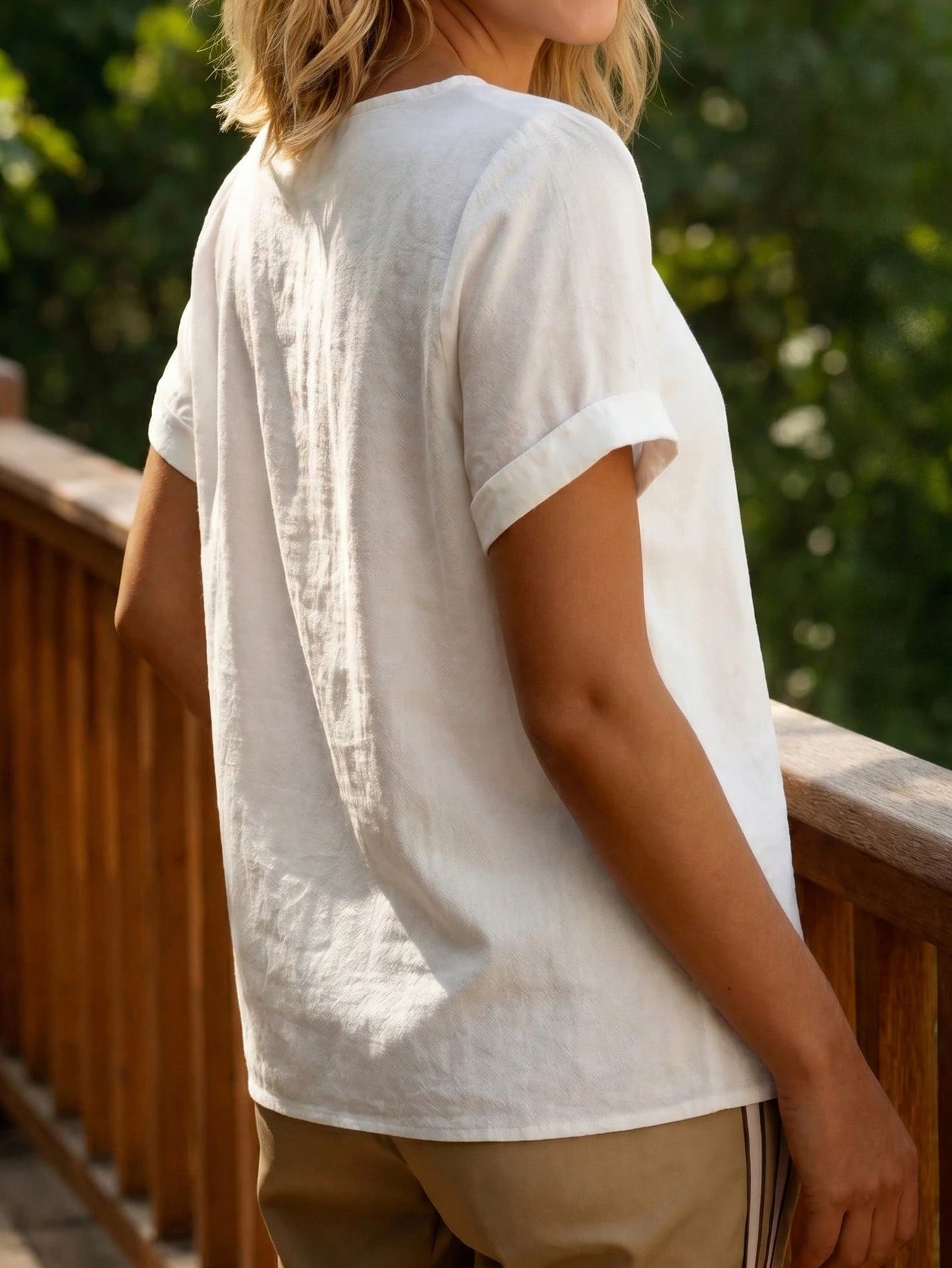 Balvessa White Square Neck Lace Patchwork Women's Casual Shirt
