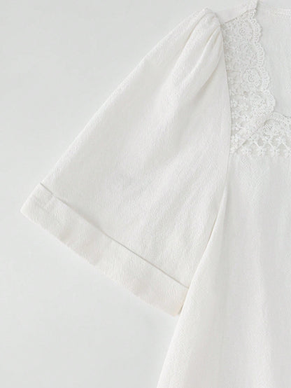 Balvessa White Square Neck Lace Patchwork Women's Casual Shirt