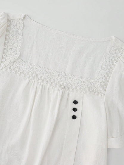 Balvessa White Square Neck Lace Patchwork Women's Casual Shirt
