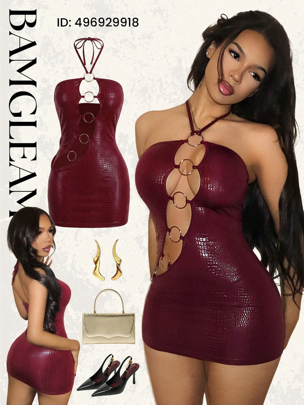 BamGleam Women's Halter Neck Cut-Out Dress With Ring Connection Night Out Club Night Rave Burgundy Summer Techno Sexy