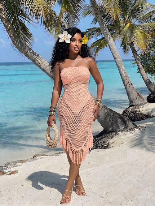 BamGleam Women's Vacation Mesh Patchwork Sheer Asymmetrical Tassel Hem Strapless Dress Beach Vacation Peach Summer Tropical