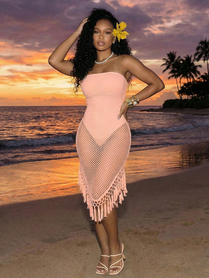 BamGleam Women's Vacation Mesh Patchwork Sheer Asymmetrical Tassel Hem Strapless Dress Beach Vacation Peach Summer Tropical