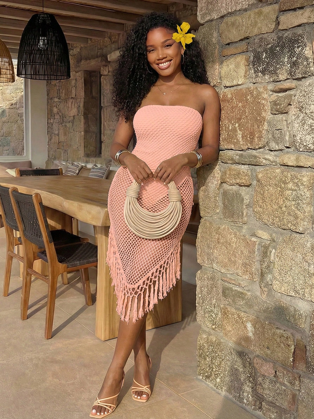 BamGleam Women's Vacation Mesh Patchwork Sheer Asymmetrical Tassel Hem Strapless Dress Beach Vacation Peach Summer Tropical