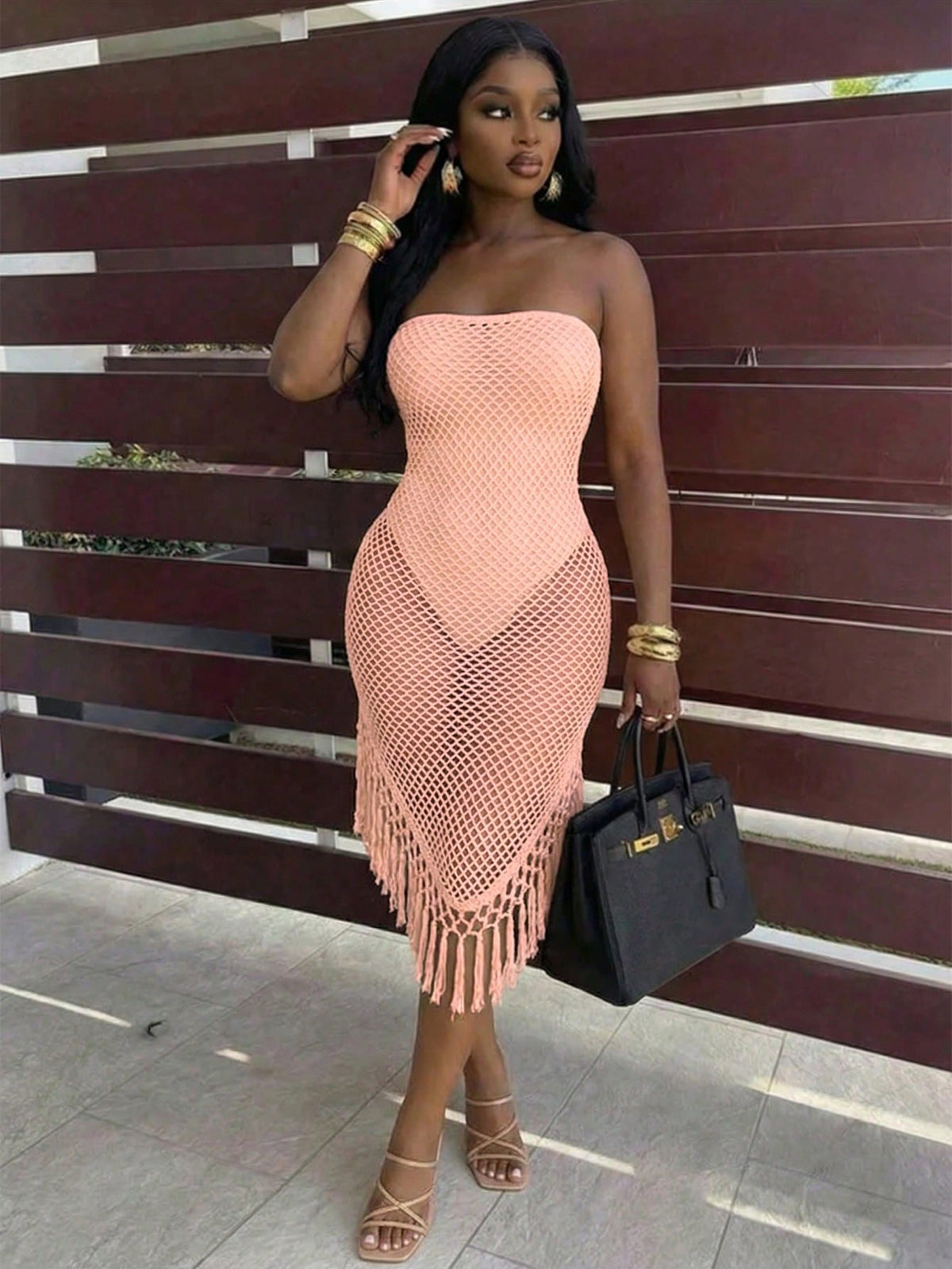 BamGleam Women's Vacation Mesh Patchwork Sheer Asymmetrical Tassel Hem Strapless Dress Beach Vacation Peach Summer Tropical