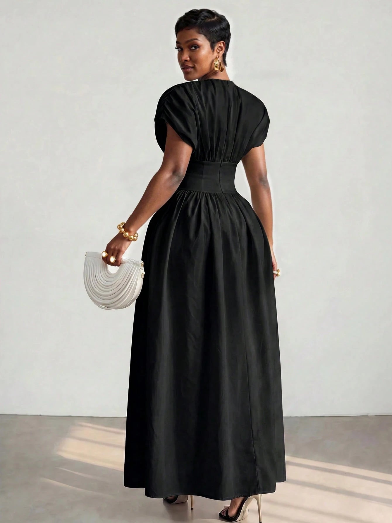 BamGlimmer Women's Autumn Elegant Solid Color Ruched Waist Dress Dinner Date Black
