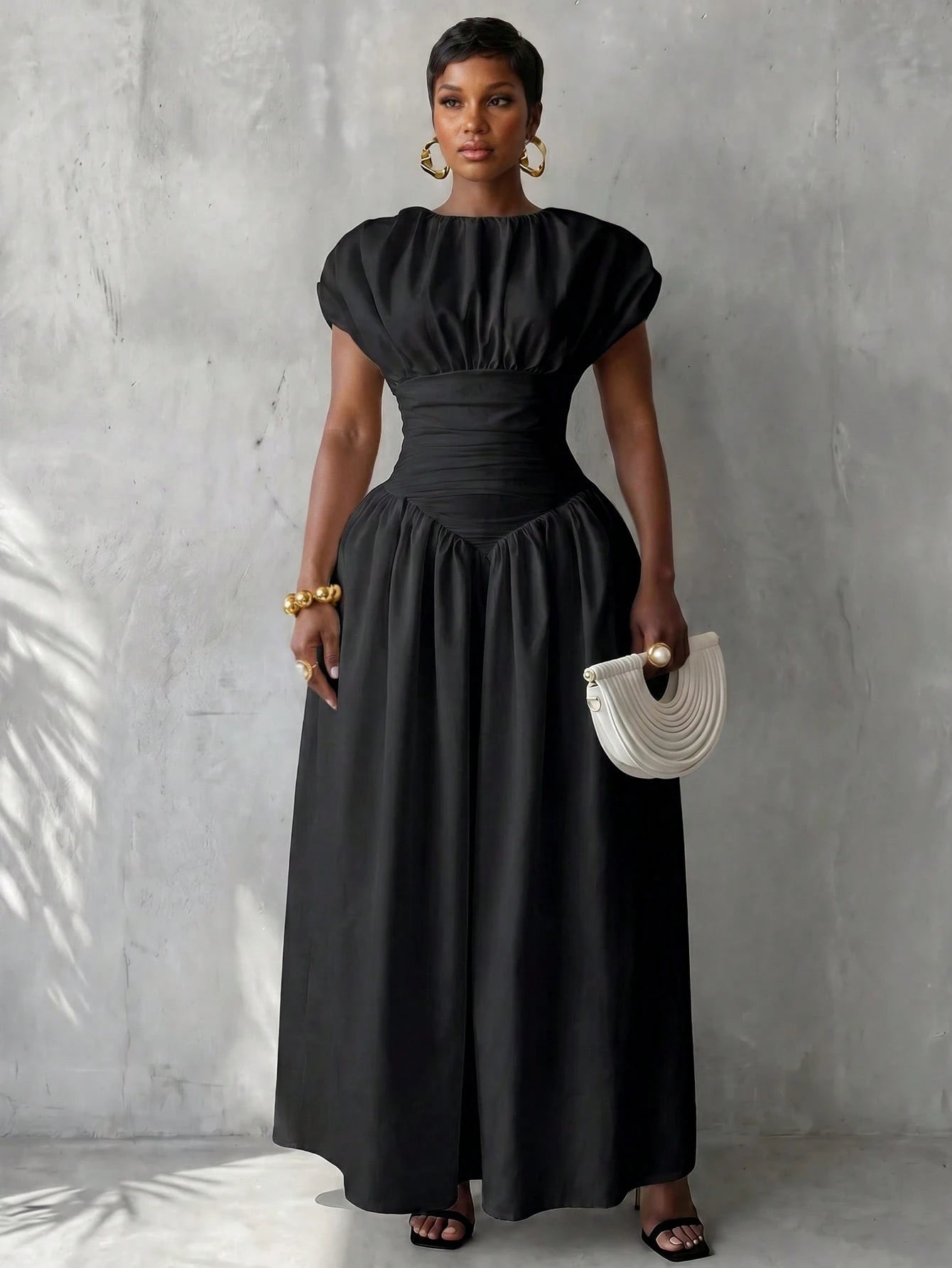 BamGlimmer Women's Autumn Elegant Solid Color Ruched Waist Dress Dinner Date Black