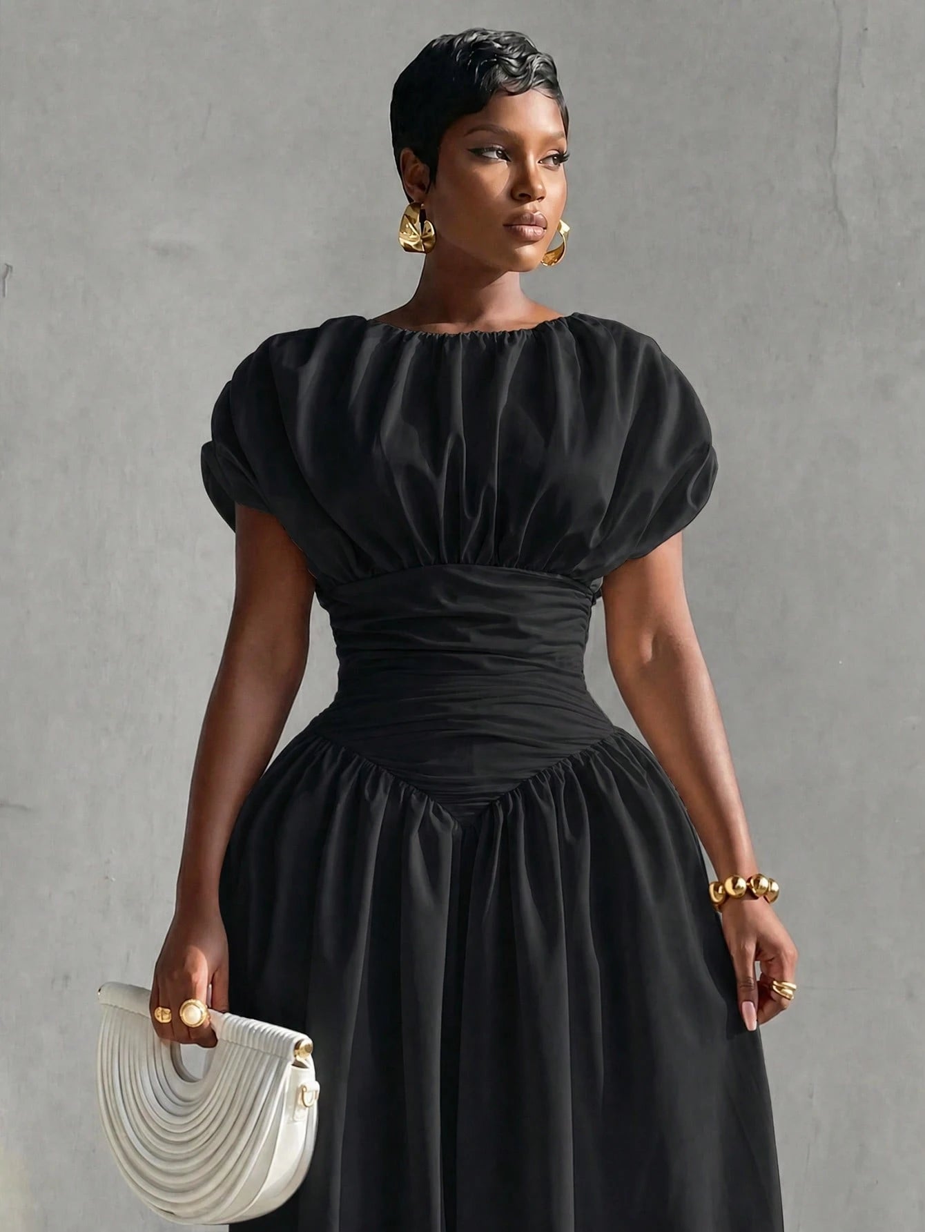 BamGlimmer Women's Autumn Elegant Solid Color Ruched Waist Dress Dinner Date Black