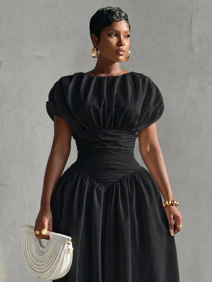 BamGlimmer Women's Autumn Elegant Solid Color Ruched Waist Dress Dinner Date Black