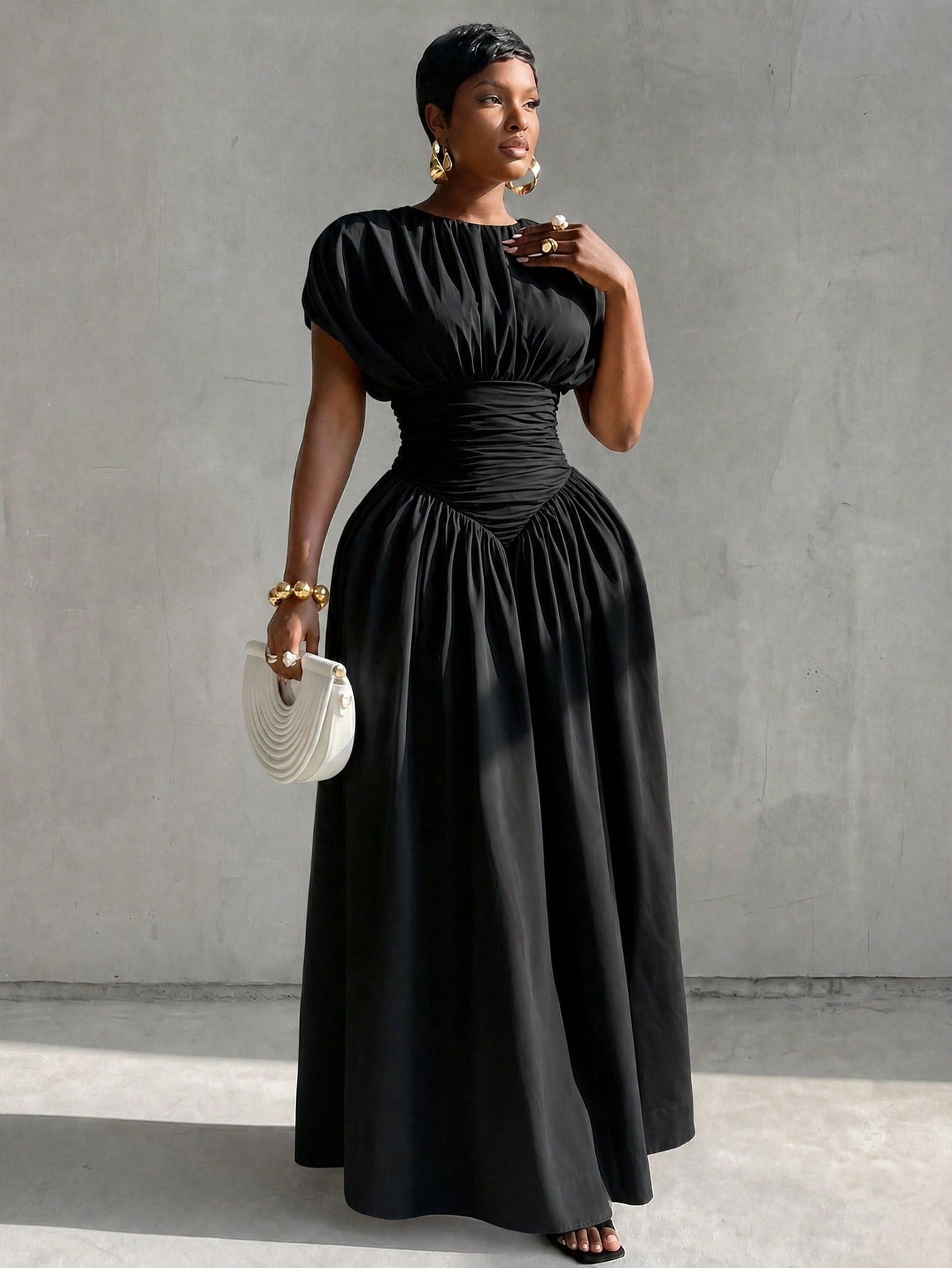 BamGlimmer Women's Autumn Elegant Solid Color Ruched Waist Dress Dinner Date Black