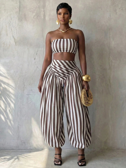 BamGlimmer Women's Brown Striped Pattern Cropped Tube Top And Loose Jogger Pants 2pcs Set Vacation Summer Tropical Vacation Tropical