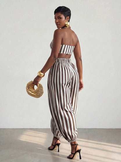 BamGlimmer Women's Brown Striped Pattern Cropped Tube Top And Loose Jogger Pants 2pcs Set Vacation Summer Tropical Vacation Tropical
