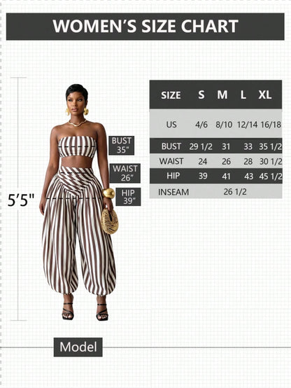 BamGlimmer Women's Brown Striped Pattern Cropped Tube Top And Loose Jogger Pants 2pcs Set Vacation Summer Tropical Vacation Tropical