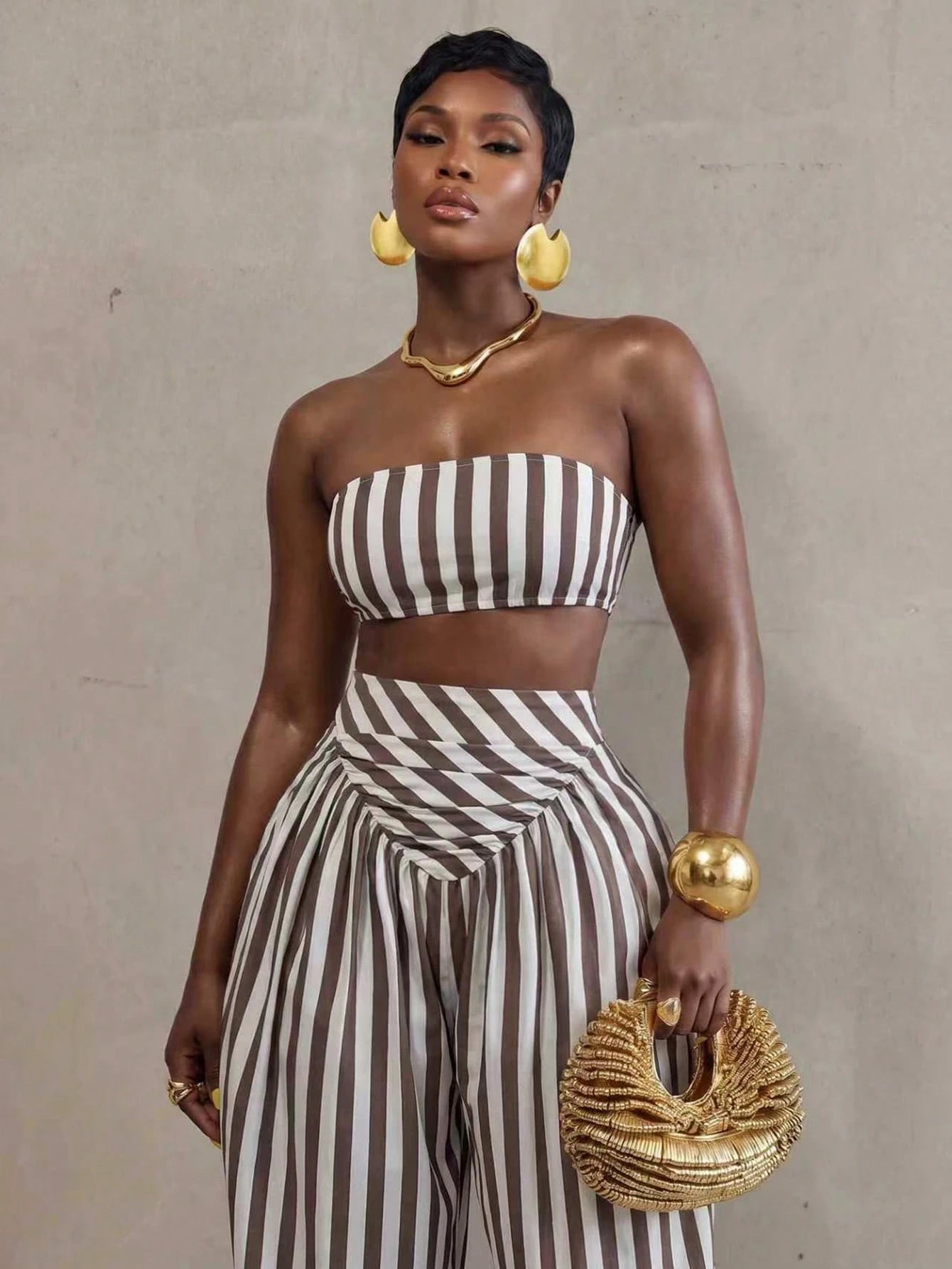 BamGlimmer Women's Brown Striped Pattern Cropped Tube Top And Loose Jogger Pants 2pcs Set Vacation Summer Tropical Vacation Tropical